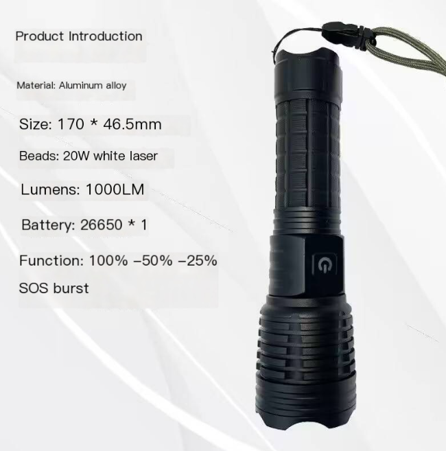 Rechargeable laser zoom flashlight, black aluminum body, lanyard and textured grip