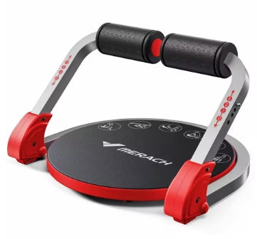 Workout board with front control panel and padded arm rollers, black and red