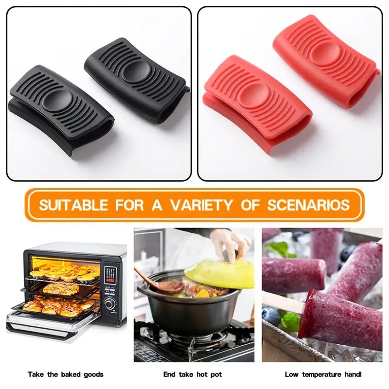 Silicone hot handle holders, black ridged grips and red grips shown in a two-pack view
