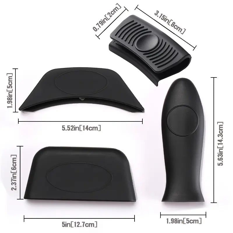 Black silicone hot handle holder dimensions set: oval pad, ridged clip, side gripper