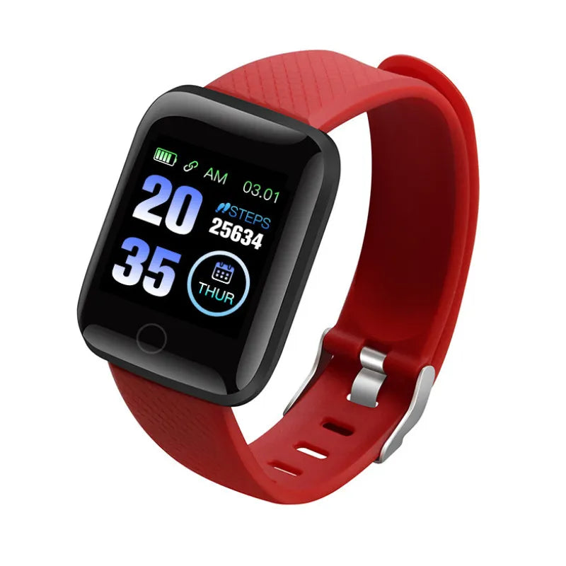 Waterproof unisex smart watch with red silicone strap and black frame, time on display