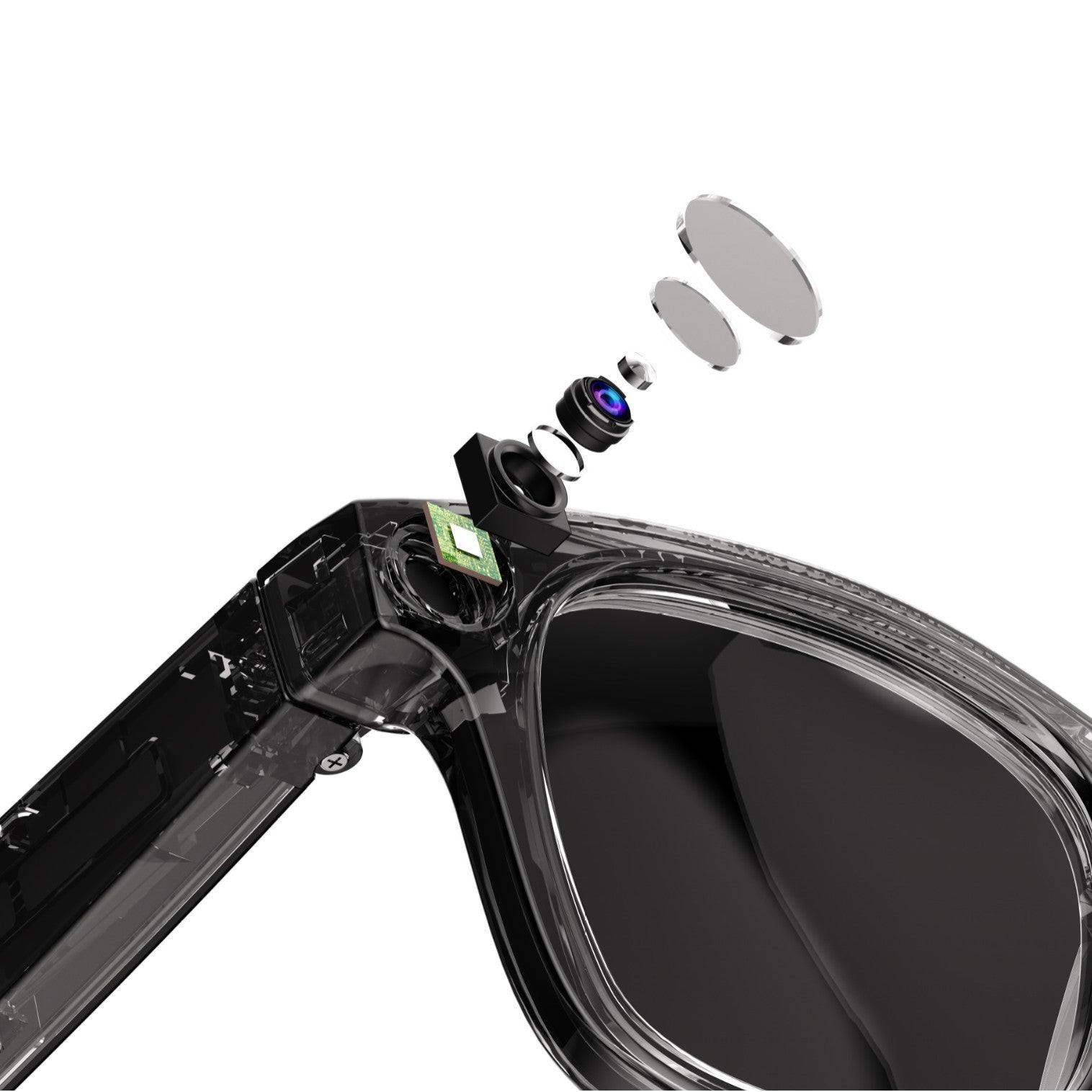 AI smart glasses camera module close-up with black housing and protective lens cover