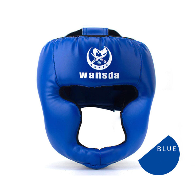 Blue MMA/boxing headgear with face opening and forehead padding, front logo panel
