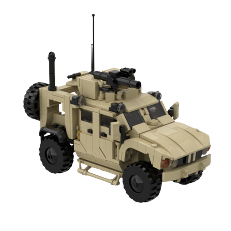 Front 3/4 view of LEGO MRAP M-ATV anti-mine ambush vehicle, tan armor panels and cannon