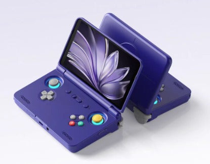 Retroid Pocket Flip2 handheld game console in purple with flip-open OLED display