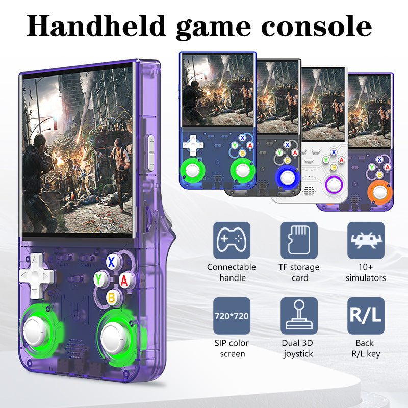 Purple handheld retro game console with dual joysticks, cross pad, and game screen