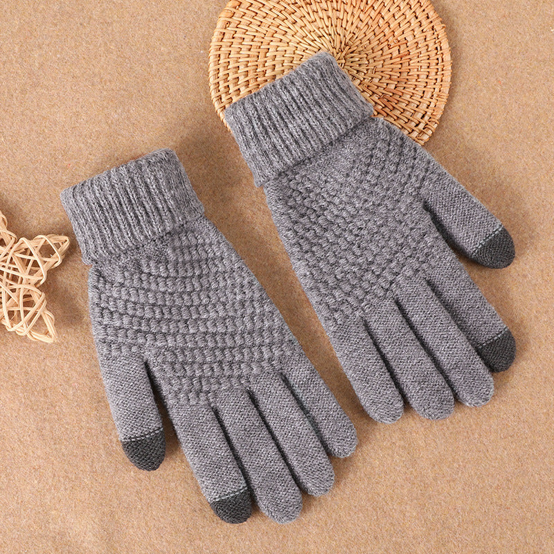 Velvet touch screen knitted gloves for women, grey with ribbed cuffs