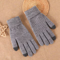 Velvet touch screen knitted gloves for women, grey with ribbed cuffs