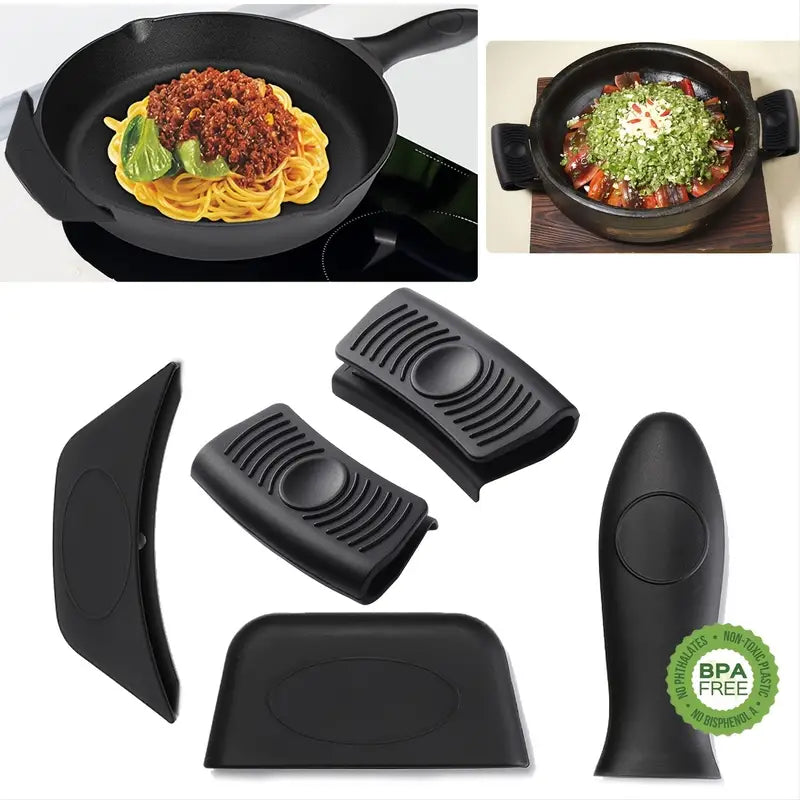 Black silicone hot handle holders set with ridged grip and oval thumb pad on cookware