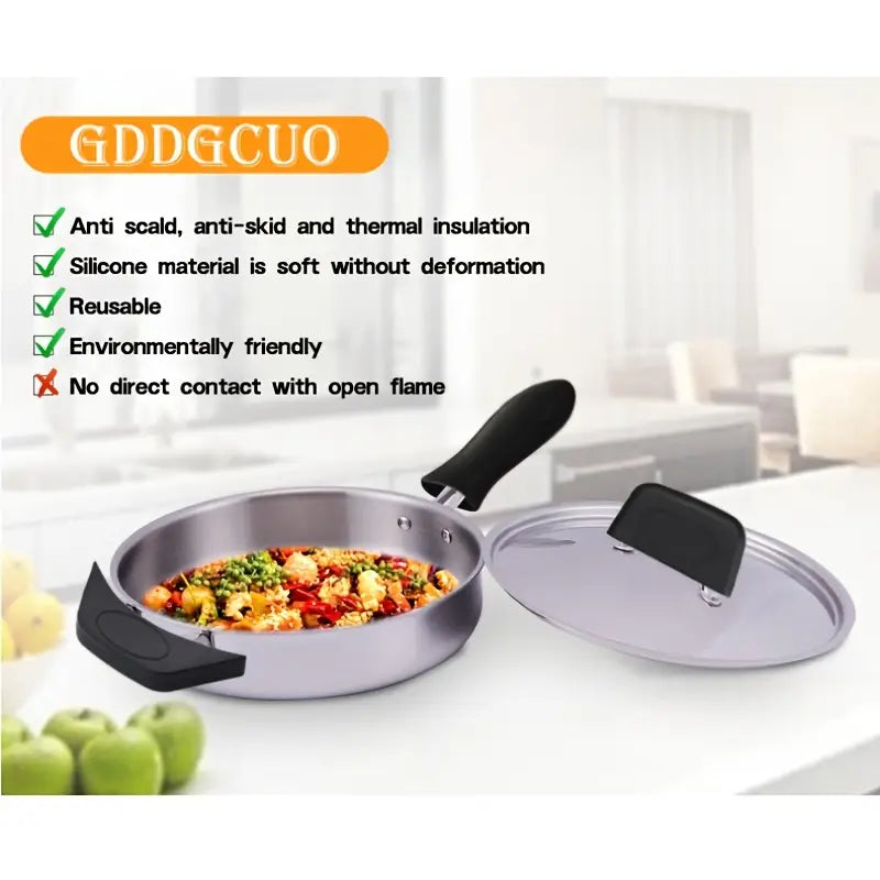 Black silicone hot handle holders for cookware lids and handles, 5-piece set layout