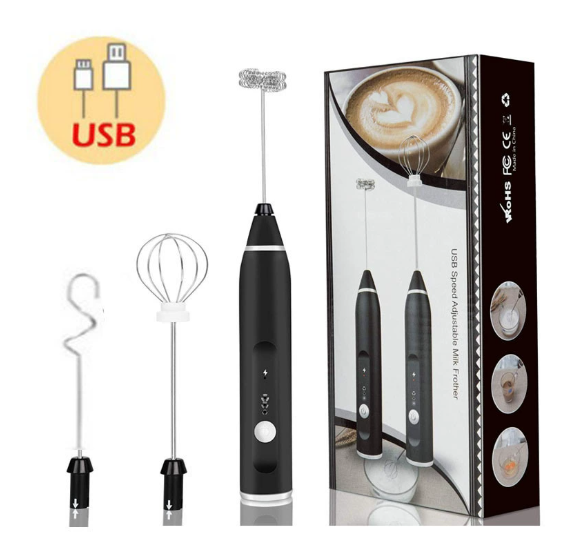 USB rechargeable milk frother set: black handheld wand with whisk and two frothing heads