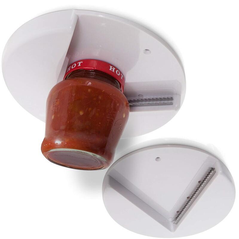 Universal jar opener shown with jar lid inside the white circular base