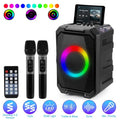 Portable wireless party speaker with two black wireless microphones and RGB LED ring light