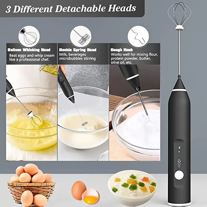 Black cordless milk frother with detachable whisk heads for milk, eggs, and dough