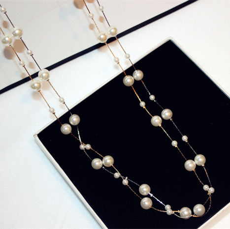 Layered pearl-like bead chain necklace in gift box, curved strands with round pearls