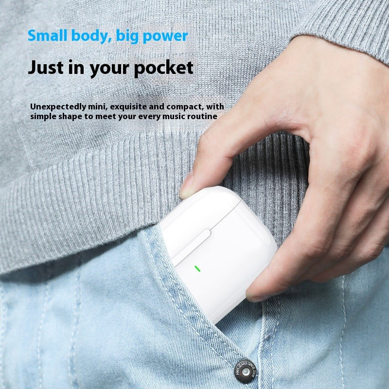 A5 Series in-ear Bluetooth earpods, white charging case held in hand