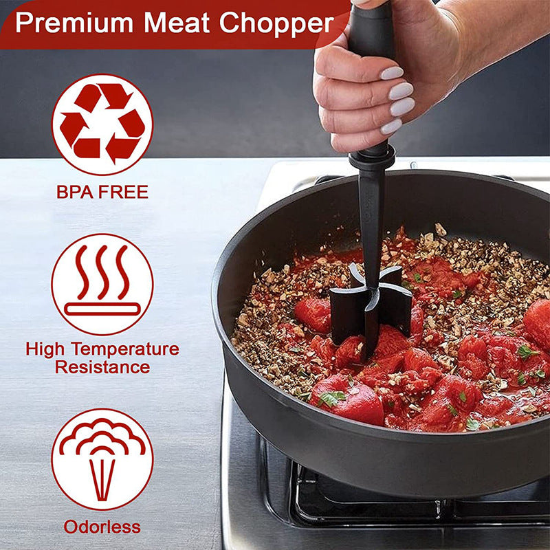 Meat Masher & Mixing Stick in use, black handle with chopping blade-style head