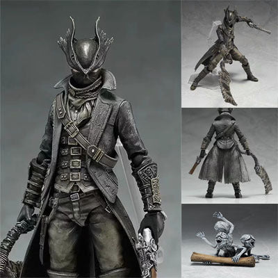 Black hunter action figure in dark coat, mask with antler-like helm, sword at side