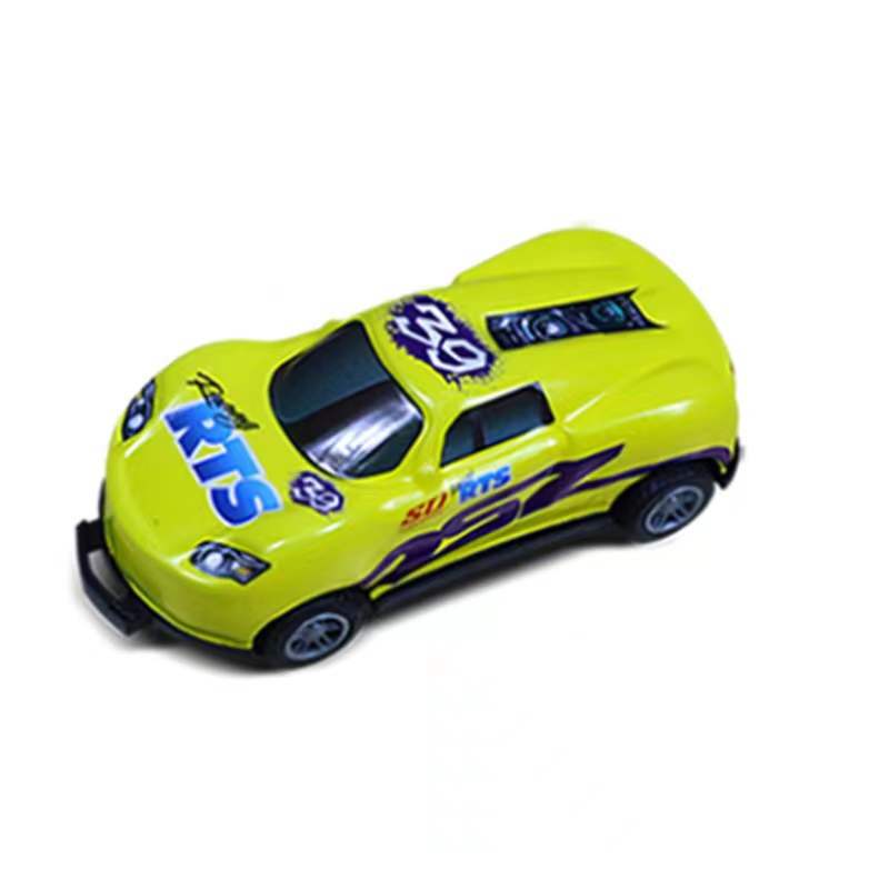 Mini alloy bouncing racing car, yellow with blue race graphics and 75 logo