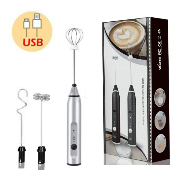 Espumador de leche recargable plateado con dos varillas y cable USB