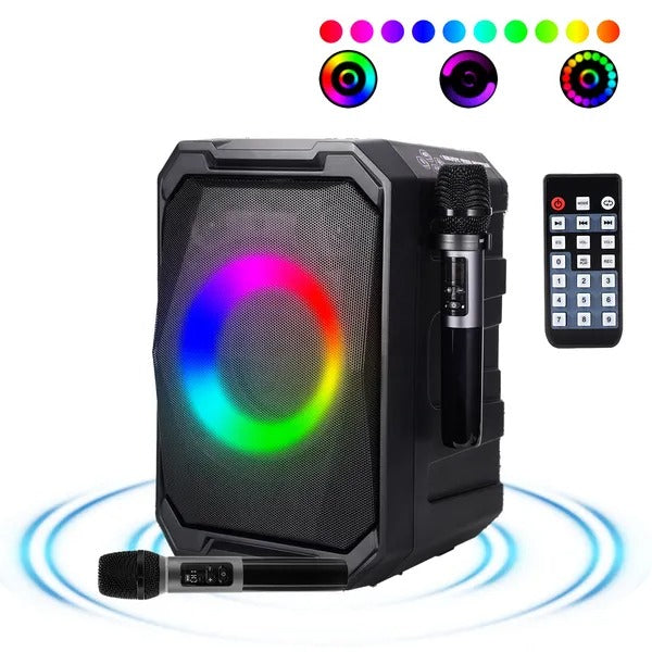 Black portable party speaker with RGB LED ring light and two microphones plus remote