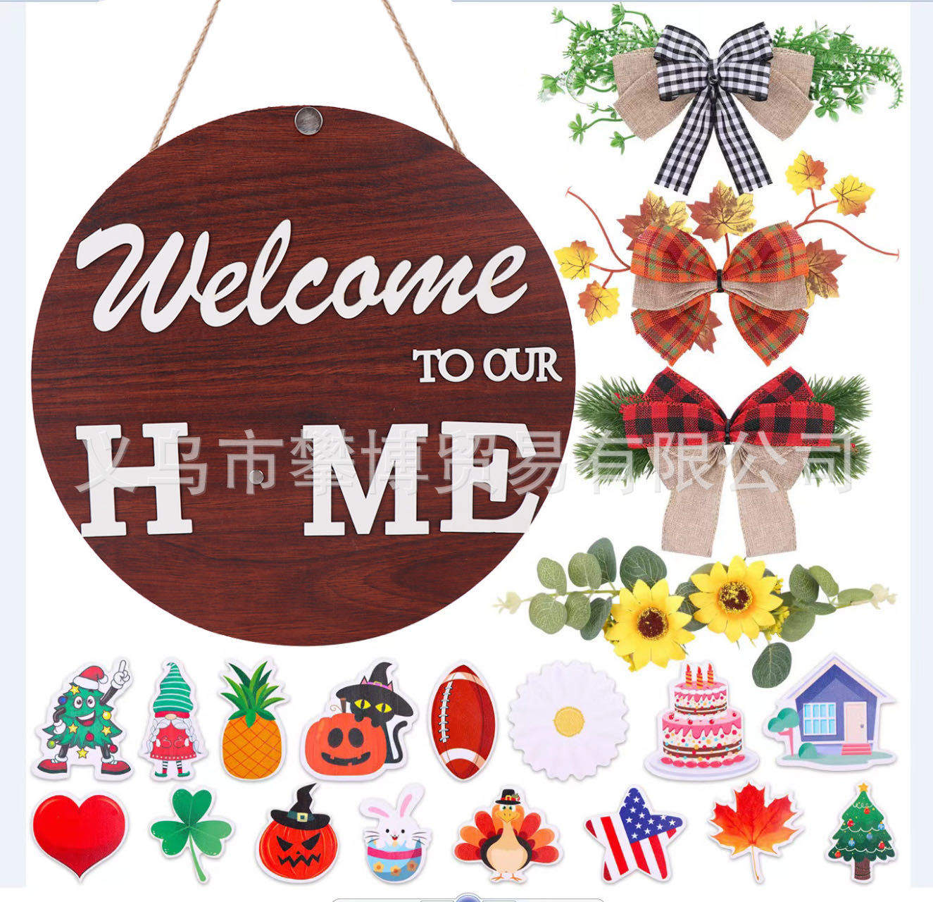 Rundes Willkommens-Holzschild an Juteschnur mit „Welcome to our Home“ und Herbstschleifen