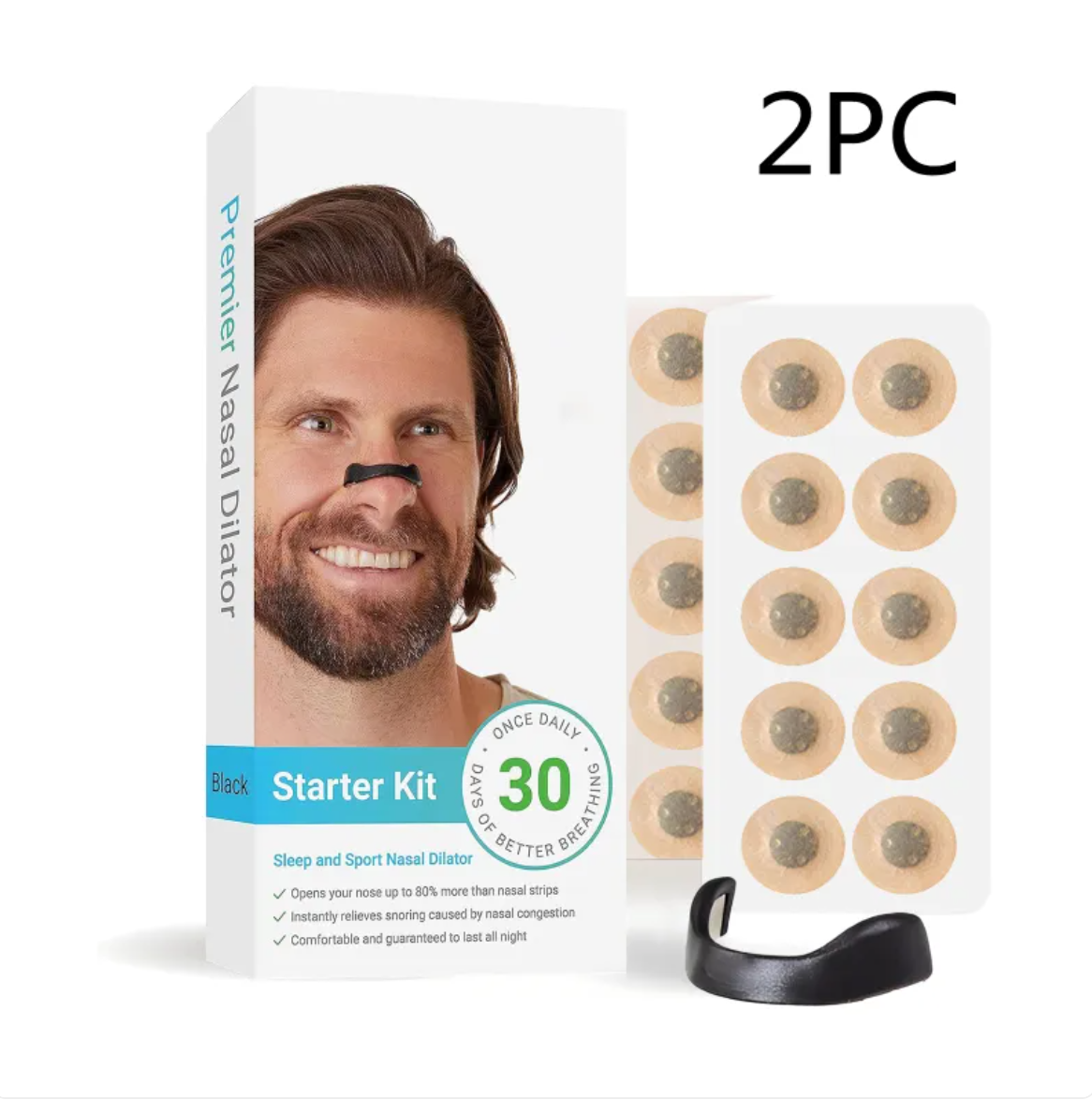Breathe Easy Nasal Dilators black starter kit with 2pc strips and 30 nose patches
