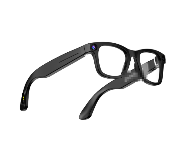AI camera smart glasses with clear lens insert and black frame, side profile