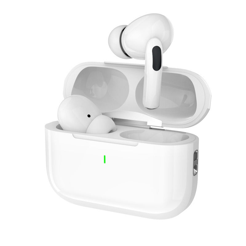 Weiße True-Wireless In-Ear Ohrhörer im Ladecase, Case mit grünem Statuslicht