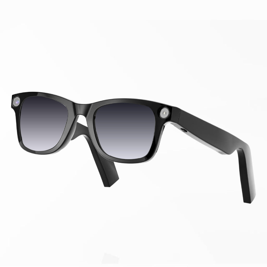 AI camera smart glasses black frame with dark lenses, side angle
