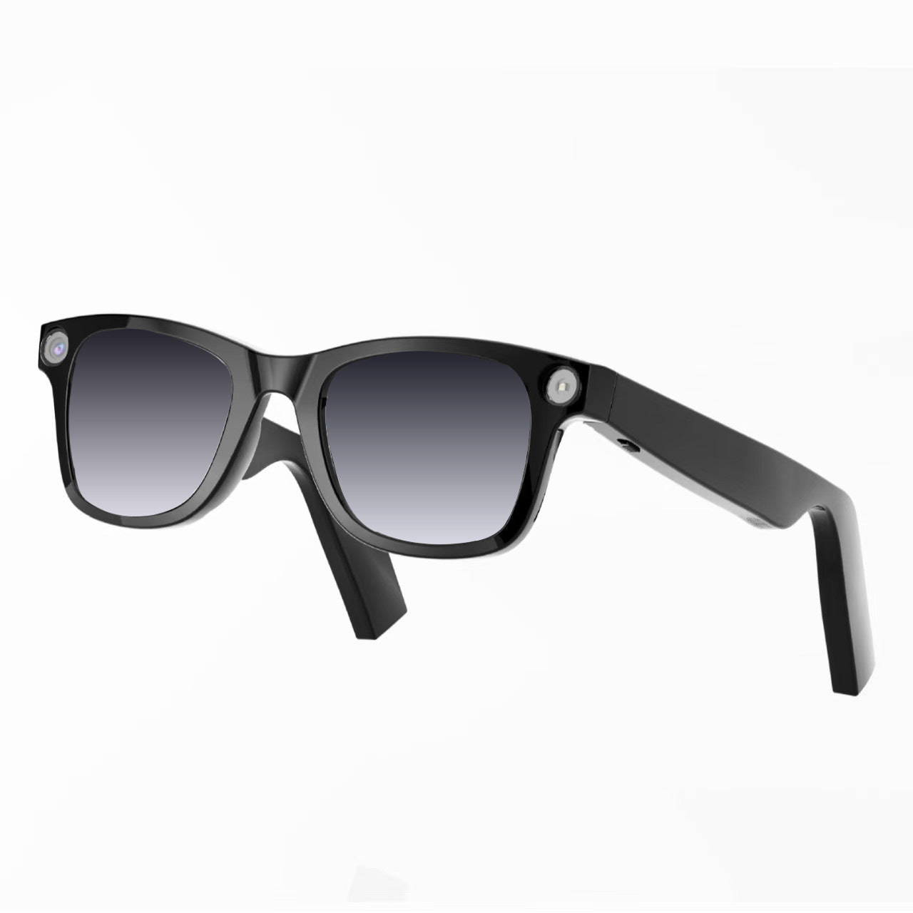 AI camera smart glasses black frame with dark lenses, side angle