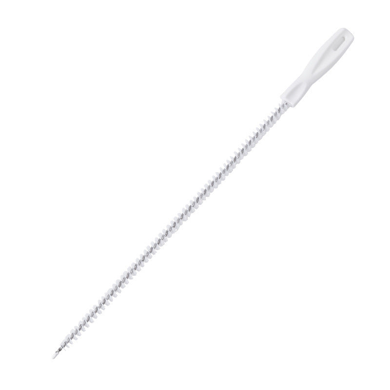 Pipe drain hair cleaner brush, white handle with tightly packed coiled bristles
