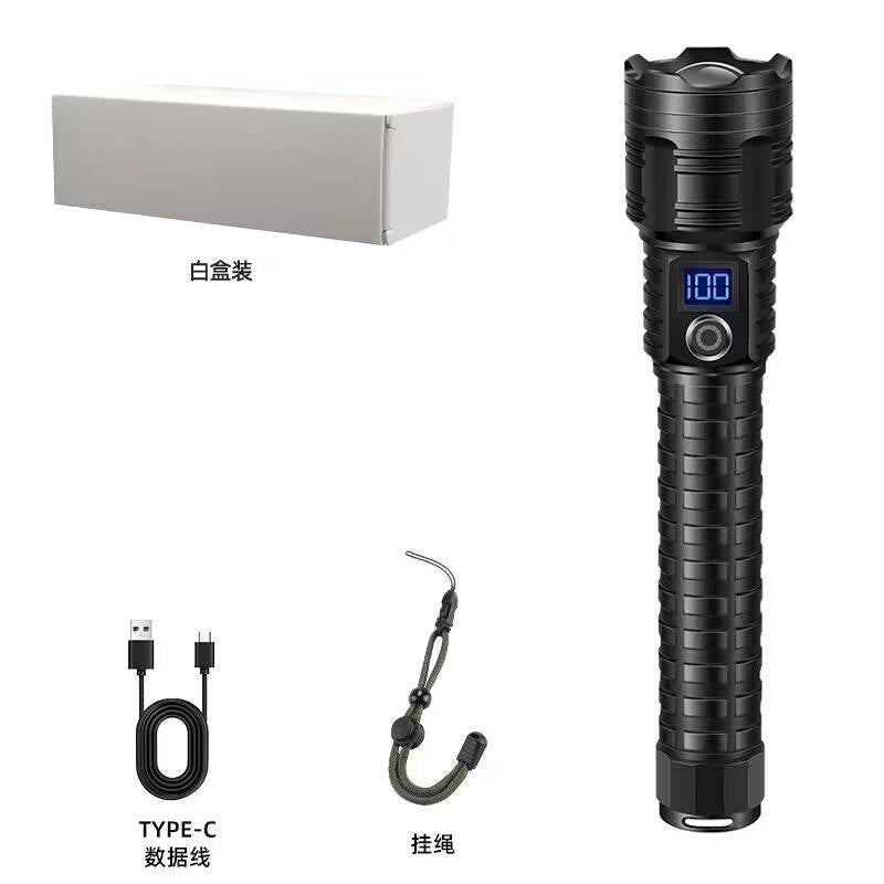 Rechargeable LED flashlight with blue digital display and Type-C charging accessories
