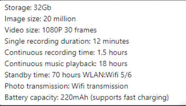 Tech specs infographic for AI smart glasses, storage, recording, and battery capacity.