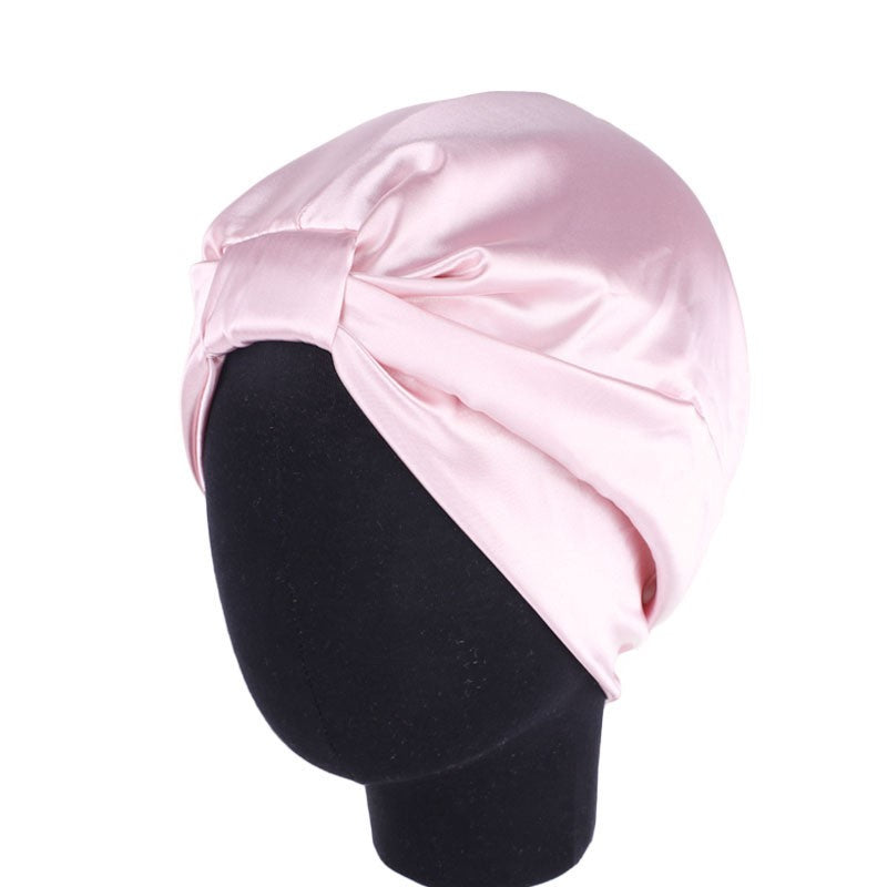 Doppellagiger Satin-Haarschal/Schlafhaube in hellem Rosa mit Falten-Design