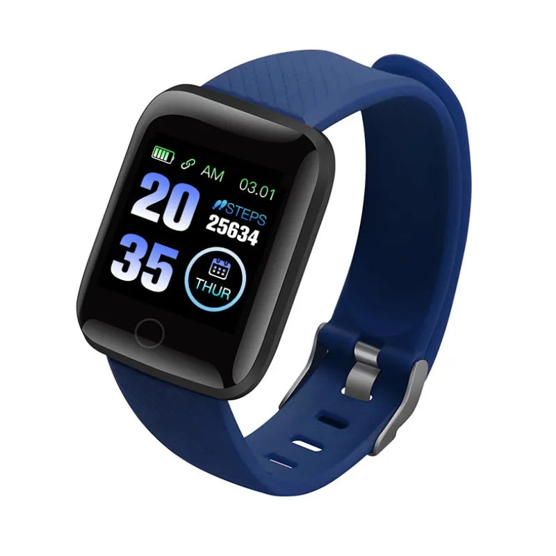 Waterproof unisex smart watch with blue silicone strap and black frame, steps display
