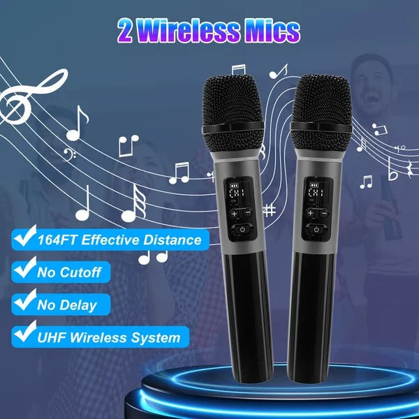 Two black wireless microphones for the party speaker with UHF wireless system buttons