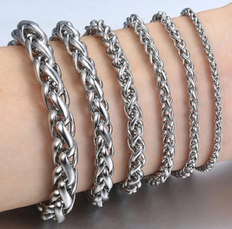 Stainless steel chain bracelet on wrist, silver links with hinged clasp