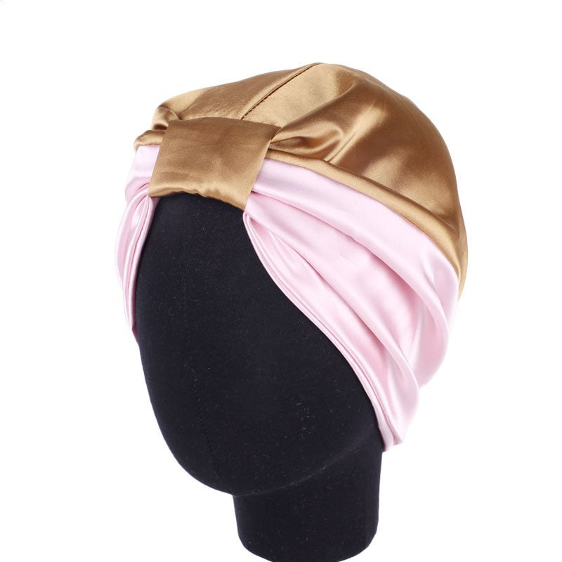 Satin-Schlafhaube doppellagig: rosa Unterseite mit goldbraunem Umschlag