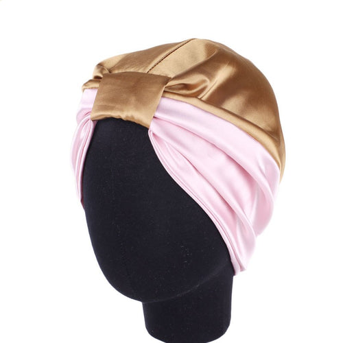 Satin-Schlafhaube doppellagig: rosa Unterseite mit goldbraunem Umschlag
