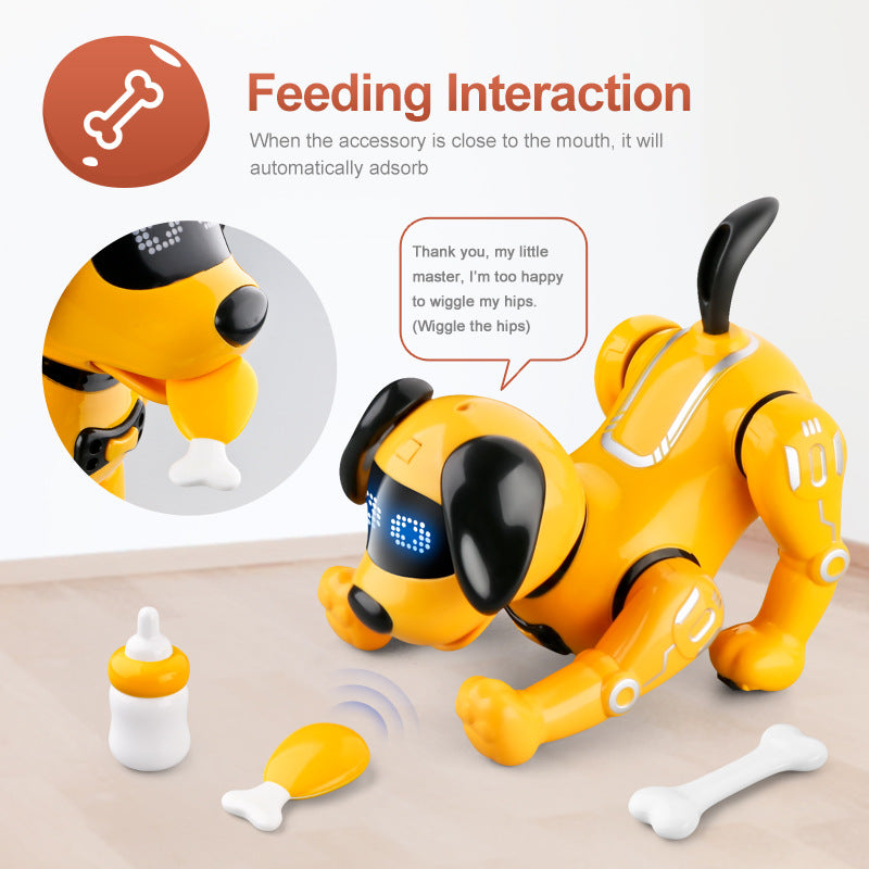 Yellow robot dog toy feeding interaction with bottle and bone accessories near mouth area