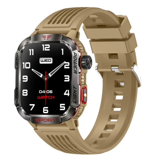 HT29 smart watch, yellow sport band with black dial showing 04:06 and WED