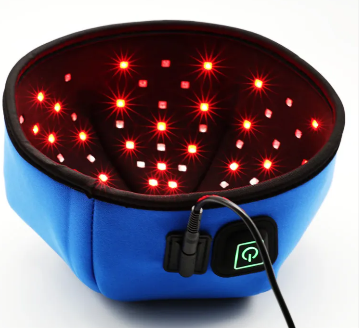 Blue hair helmet interior with red LED lights and attached cable