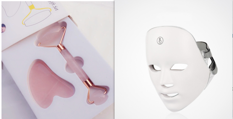Luminous Skin Therapy Device: mascarilla blanca con luz y vista del envase/bolsa de accesorios
