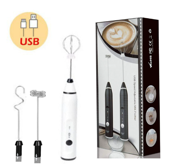 USB rechargeable milk frother set: white handheld wand with whisk and two frothing heads