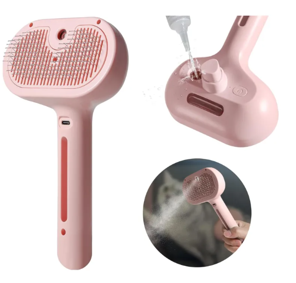 Pink pet hair spray brush with rubber grip and bristle head for fur removal