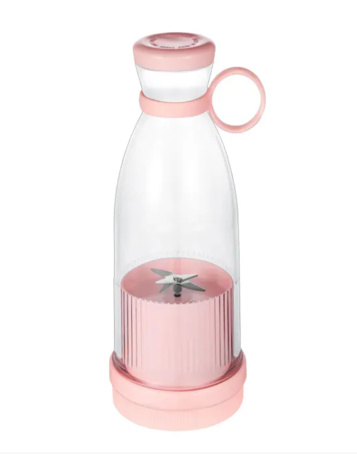 PureBlend USB-Mixer mit rosafarbener Kappe, transparentem Glas und Ringgriff