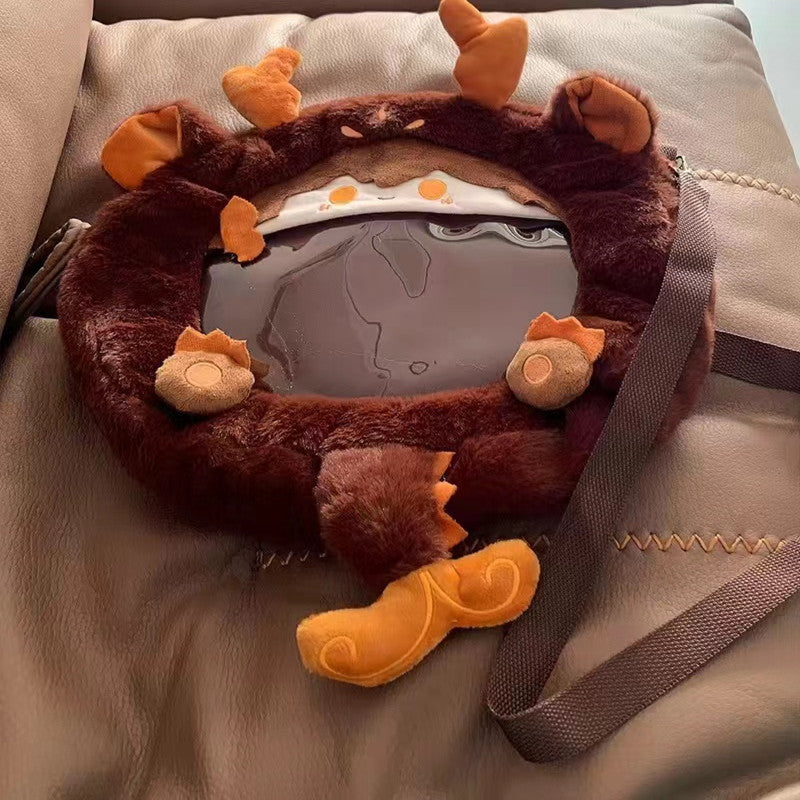 Brown plush coin purse dragon bag with shoulder strap and zipper opening