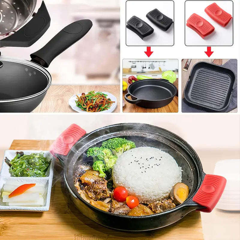 5-piece hot handle holders, black silicone clips and grippers shown on cookware handles