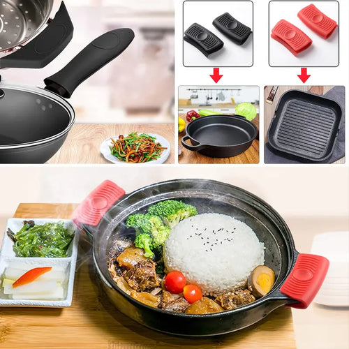 5-piece hot handle holders, black silicone clips and grippers shown on cookware handles